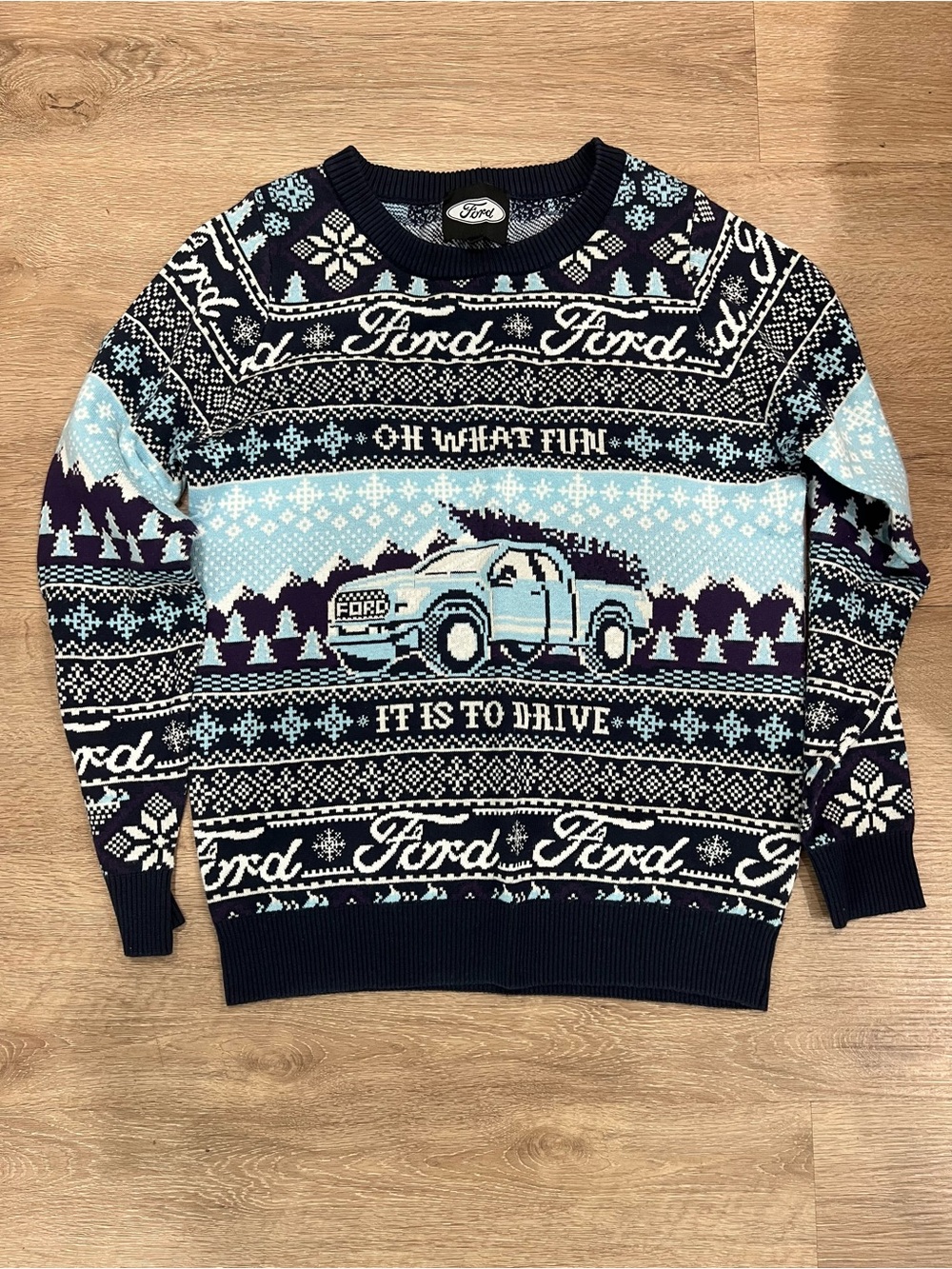Ford Men's Navy and Light Blue Festive Truck Crewneck Sweater